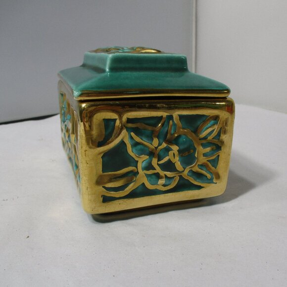 Pretty Vintage Green & Gold Lidded Ceramic Scraffito Design Box - Picture 3 of 9